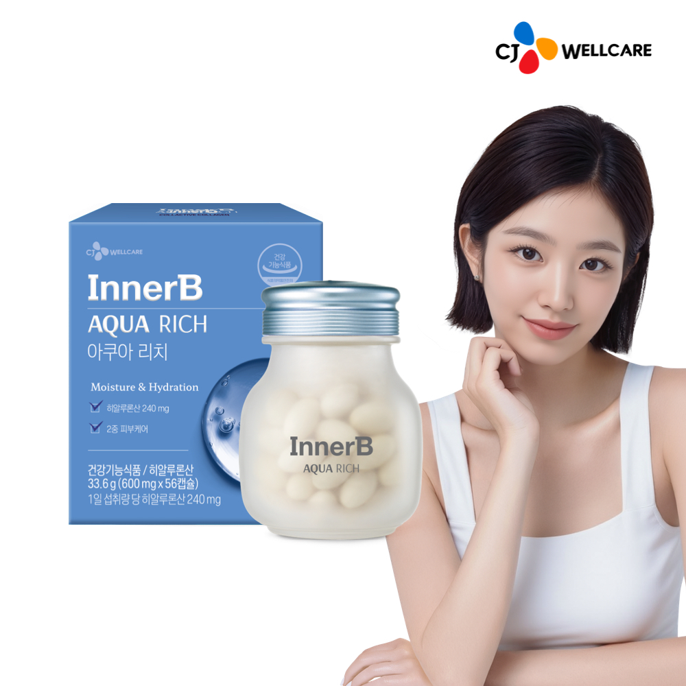 CJ 이너비 아쿠아리치 먹는 <b>히알루론산</b> 피부보습 자외선케어 엘라스틴 56캡슐, 1개