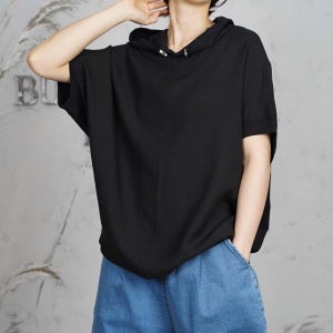 로코 소재배색 후드 반팔 가오리티 쿨 여름 반팔 데일리 통통걸 엄마옷 나그랑 티셔츠