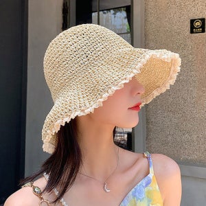 [랄라닷] 여성 버킷햇 레이스 밀짚 프린지 여름모자 라탄 썬캡