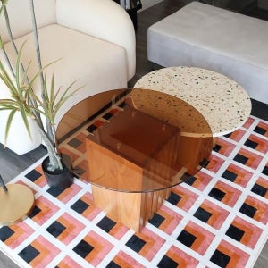 헤이유드 우드 테라조 유리 거실 원형테이블 라운드2p SET 좌식 티테이블