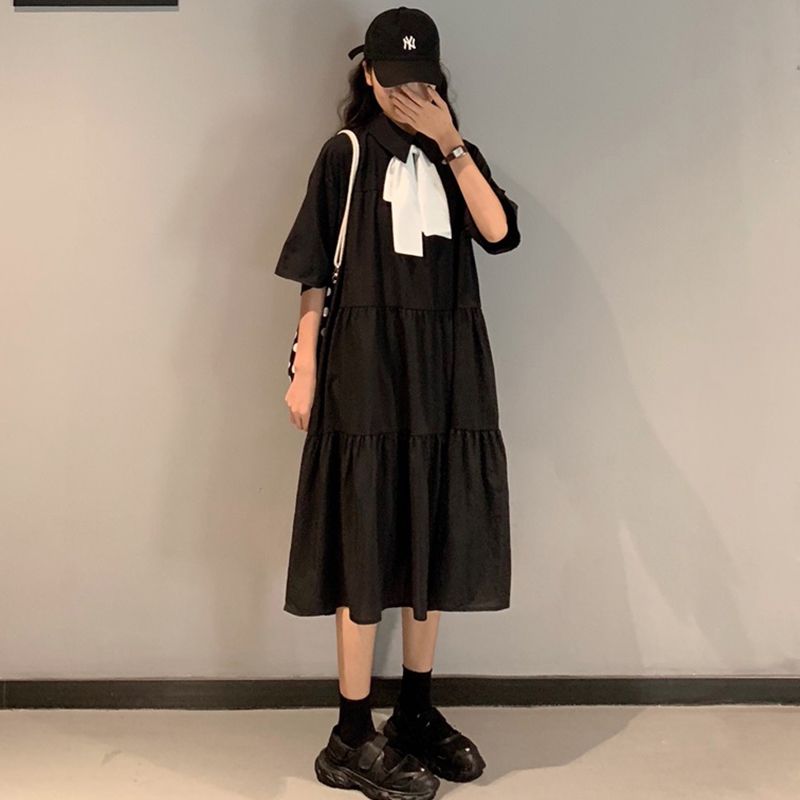 L-5XL 플리츠 주름 롱원피스 A라인 호캉스 여름리본 반팔 꾸안꾸룩 바캉스룩 맥시