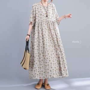 중년여성옷 40 50대 엄마옷 마담 빅사이즈 맥시 루즈핏 내츄럴 꽃 린넨 롱 원피스
