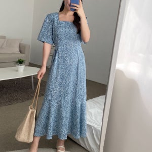 에이엘 잔꽃무늬 쉬폰 꽃무늬 스퀘어넥 롱 원피스 / 그린 여름 77