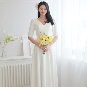 심플소매5 A라인 셀프웨딩드레스 (S-6XL코르셋) 스몰웨딩 본식 빅사이즈구매
