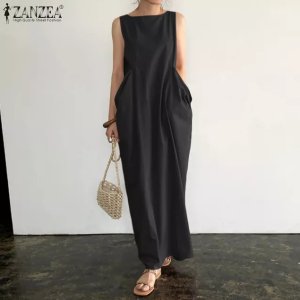 [뉴바라랜드]우아한 솔리드 맥시 드레스 여성 여름 Sundress ZANZEA 2022 캐주얼 민소매 여성 코튼 로브