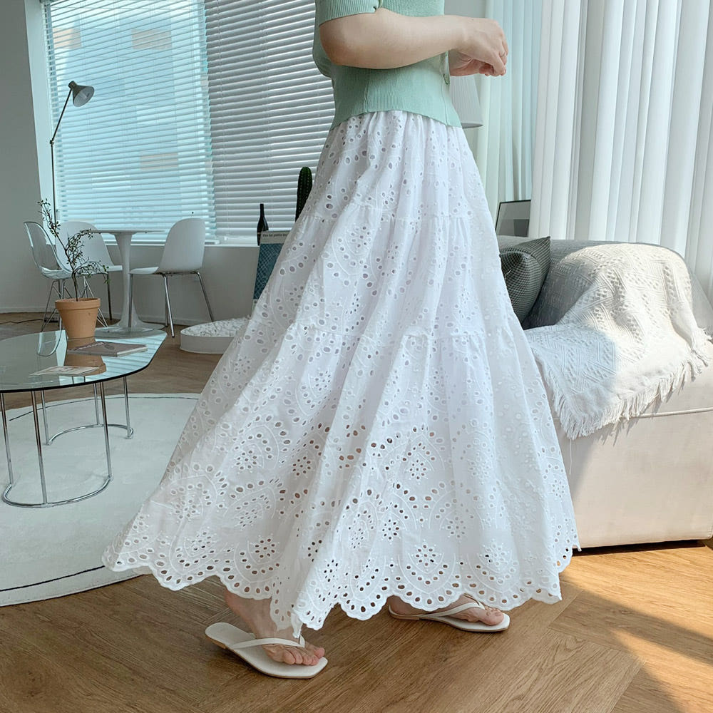 펀칭 레이스 스커트 캉캉 밴딩 자수 A라인 여름 롱스커트 휴양지 화이트 흰 치마