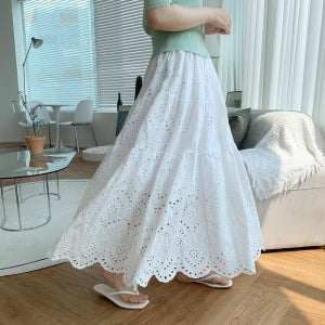 펀칭 레이스 스커트 캉캉 밴딩 자수 A라인 여름 롱스커트 휴양지 화이트 검정 치마