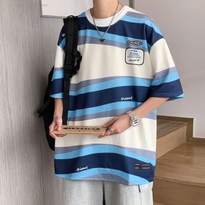 블루 스트라이프 힙합 남자 오버핏 루즈핏 여름 반팔티 7부 박스