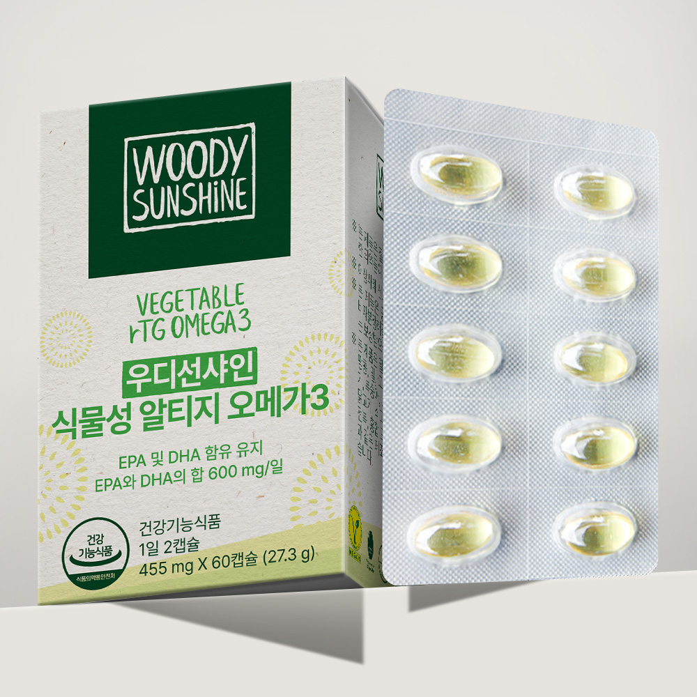 <b>우디선샤인</b> 식물성 알티지 rTG 오메가3 DHA 미세조류 비건 임산부 60캡슐, 1개