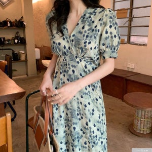 다이아 맥시 브이넥 퍼프 롱원피스 (그린) 제이플로우 여름 슬림라인 쉬폰 레이온 바캉스