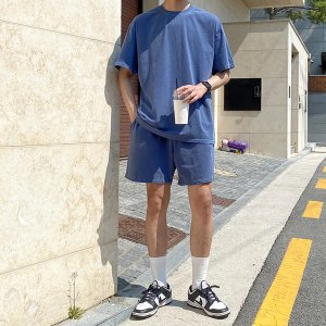 남자 여름 피그먼트 트레이닝 세트 반팔 반바지 츄리닝 셋업