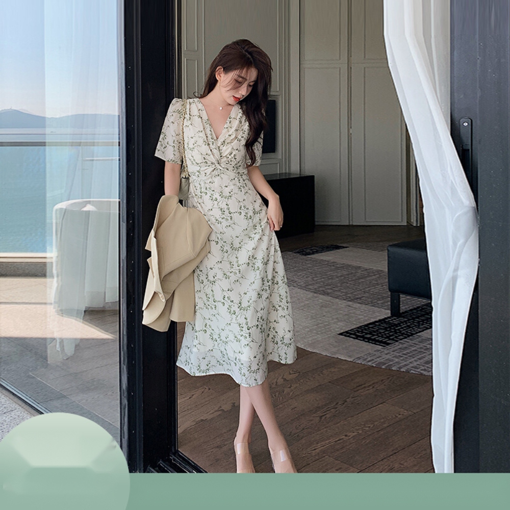 예쁜 원피스 여성 여름 롱 치마 순수 이쁨주의 꽃무늬 스커트 A라인 V넥 빅사이즈 군살커버