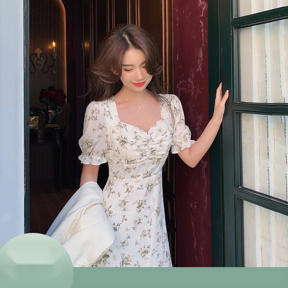 예쁜 나시 원피스 여성 여름 롱 치마 순수 이쁨주의 키작녀 꽃무늬 드레스 퍼프소매 A라인