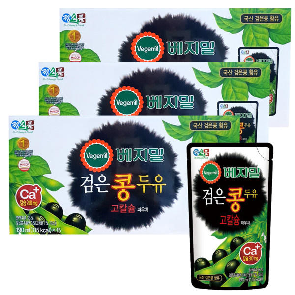 Jeongseon Food Vegemil Black Bean Soy Milk High Calcium Pouch 190ml, 45 Count (15 Count x 3 Boxes)