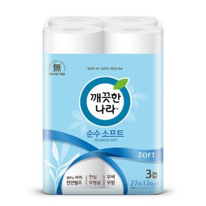 깨끗한나라 3겹 데코 순수 소프트 화장지 27m 12롤 1팩