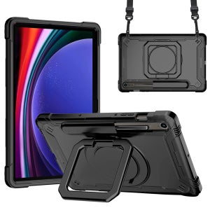 갤럭시탭 S10 FE 케이스 범퍼 회전 스퀘어 스트랩 아머 올블랙, 탭 S10 FE