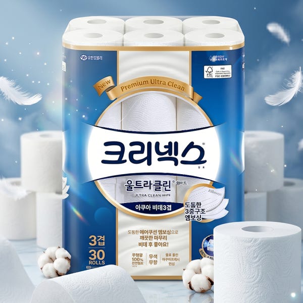 크리넥스 울트라클린 화장지 3겹 30m 30롤 화이트 아쿠아 비데 물에 잘 녹는 휴지