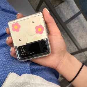 갤럭시제트플립3케이스 투명 프린팅케이스 곰찌 핑크꽃