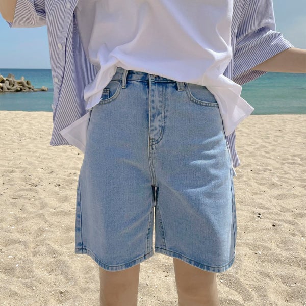 버뮤다팬츠 5부 하이웨스트 와이드 데님 청 반바지