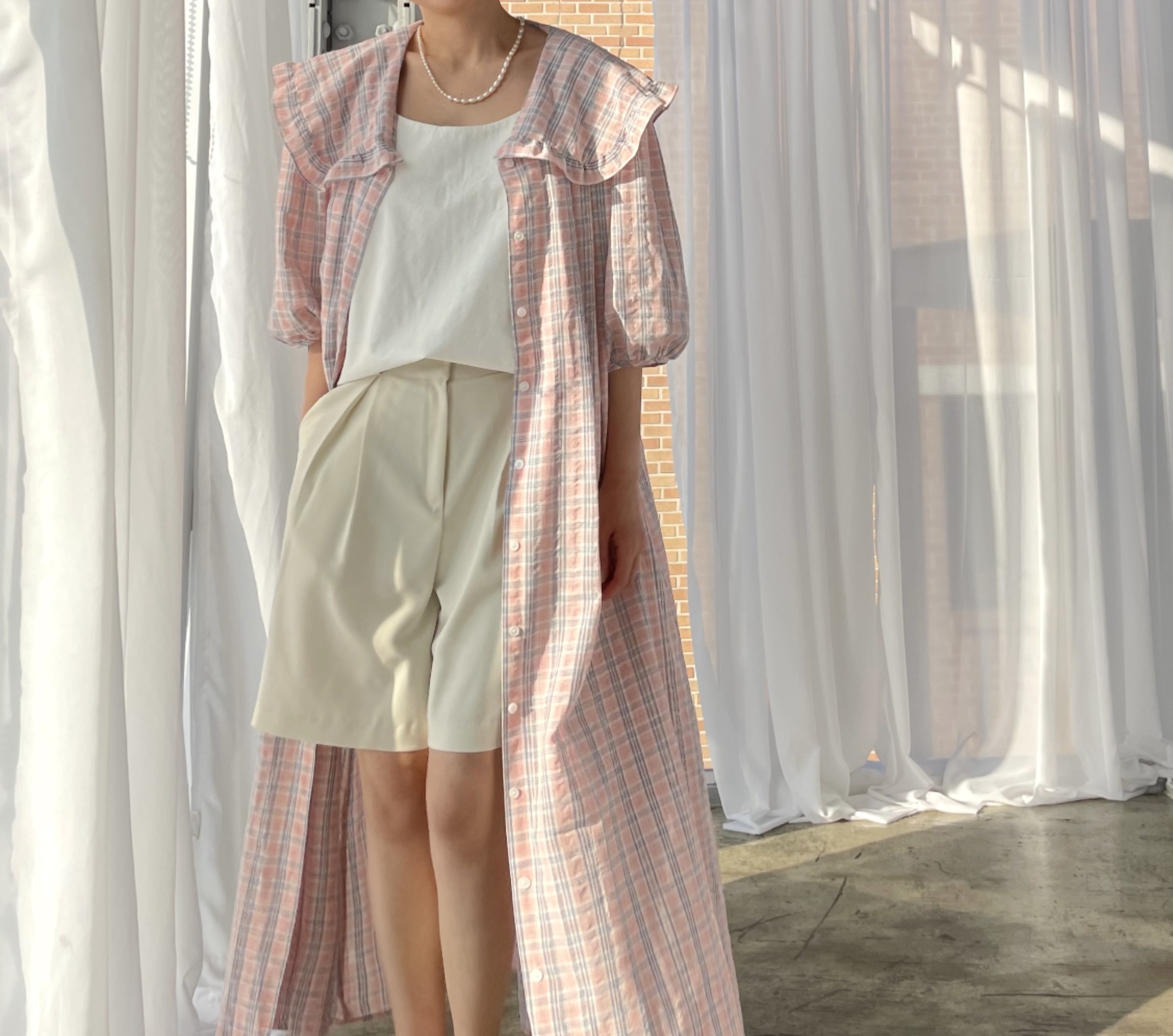 [Clearance sale] Ap 아사면 체크 프릴카라 가니 로브 퍼프 벌룬소매 핀턱 아우터 단추 롱롱 맥시 원피스