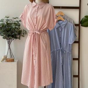 마린 스트라이프 벨트 카라 셔츠 원피스 3color