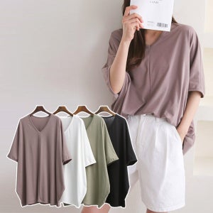 빅사이즈 오버핏 세로절개 브이넥 무지 티셔츠 ILE027