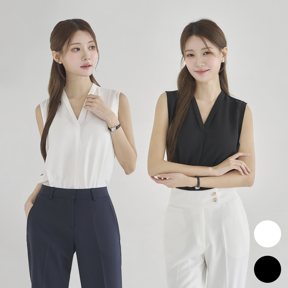 여름블라우스 나시 민소매 쉬폰 화이트 브이넥 블랙 검정 흰 여성정장이너 V넥 [테이]