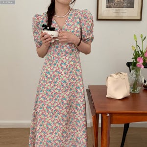 키치 브이넥 맥시 플라워 셔링 퍼프 롱원피스 2col 여름 슬림라인 로맨틱 쉬폰 제이플로우