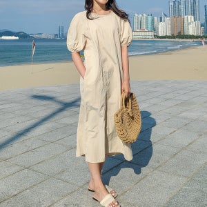 여름 바스락 휴양지 바캉스 반팔 키작녀 나일론 A라인 루즈핏 롱원피스 (플레인)