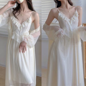 여리여리 쉬폰 레이스 롱 원피스 슬립 가운 로브 잠옷 세트 청순 섹시 홈웨어 빅사이즈