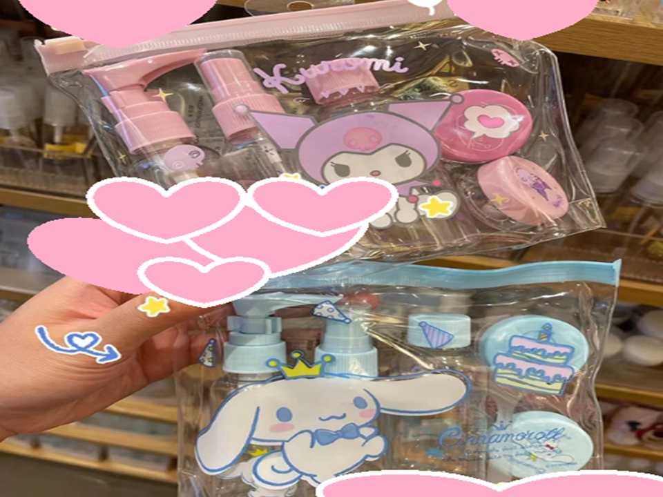 SET 산리오 일본 만화 캐릭터 화장품 공병 케이스 여행용 휴대용 파우치 미용소품 디자인 소녀감성 인생템