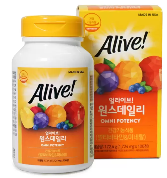 얼라이브 원스데일리 멀티<b>비타민</b> 1,724MG X 100정 과일 12종, 야채 12종, <b>그린푸드</b> 9종, 버섯 9종, 효소외 영양소 9종까지 다양한 영양소를 함유한 코스트코멀티<b>비타민</b>