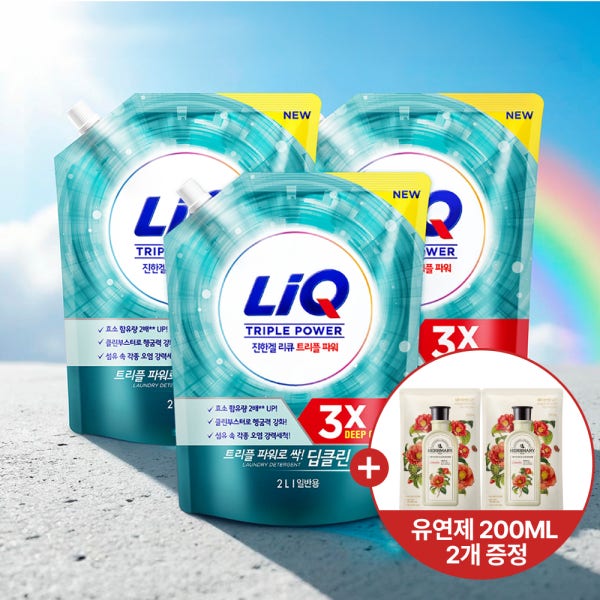 리큐 진한겔 딥클린 트리플 파워 세탁세제 2L 파우치 X3개 일반+유연제 200ML 2개