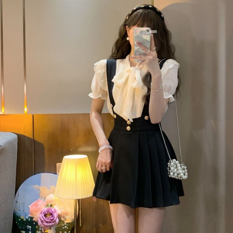 L-4XL 제니 빅사이즈 멜빵 블라우스 88 레이스 원피스 프렌치 셀럽 쉬폰 하객룩 코디