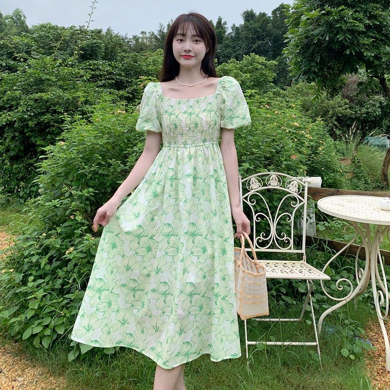 L-4XL 빅사이즈 꽃무늬 플라워 패턴 스퀘어넥 원피스 셔링 A라인 캐주얼 시원한 바캉스