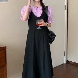 나랑 브이넥 뷔스티에 레이어드 롱원피스 (블랙) 여름 핀턱 주름 실키 끈조절 하객 제이플로우