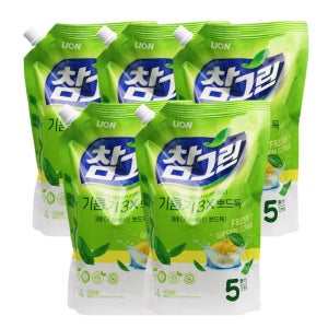 라이온 참그린 주방세제 기름기뽀드득 제주녹차 1.2L(리필) x5개 / 퐁퐁 대용량