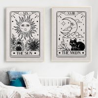 돈 복 들어오는 집들이선물 그림 해바라기 액자 boho style black white sun moon 타로 카드 포스터 고양이 캔버스 회화 현대 추상 벽 욕실 홈 장식