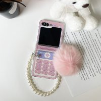 Z플립5 스트랩 힌지보호 레트로 핑크 하드 전화기 예쁜폰 갤럭시 감성 진주 털 케이스