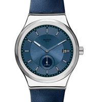 [Swatch] 스와치 Sistem51 Stainless Steel Swiss Automatic Leather Strap, Blue