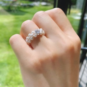 실버925 큐빅 포인트 진주 밴딩 비즈반지