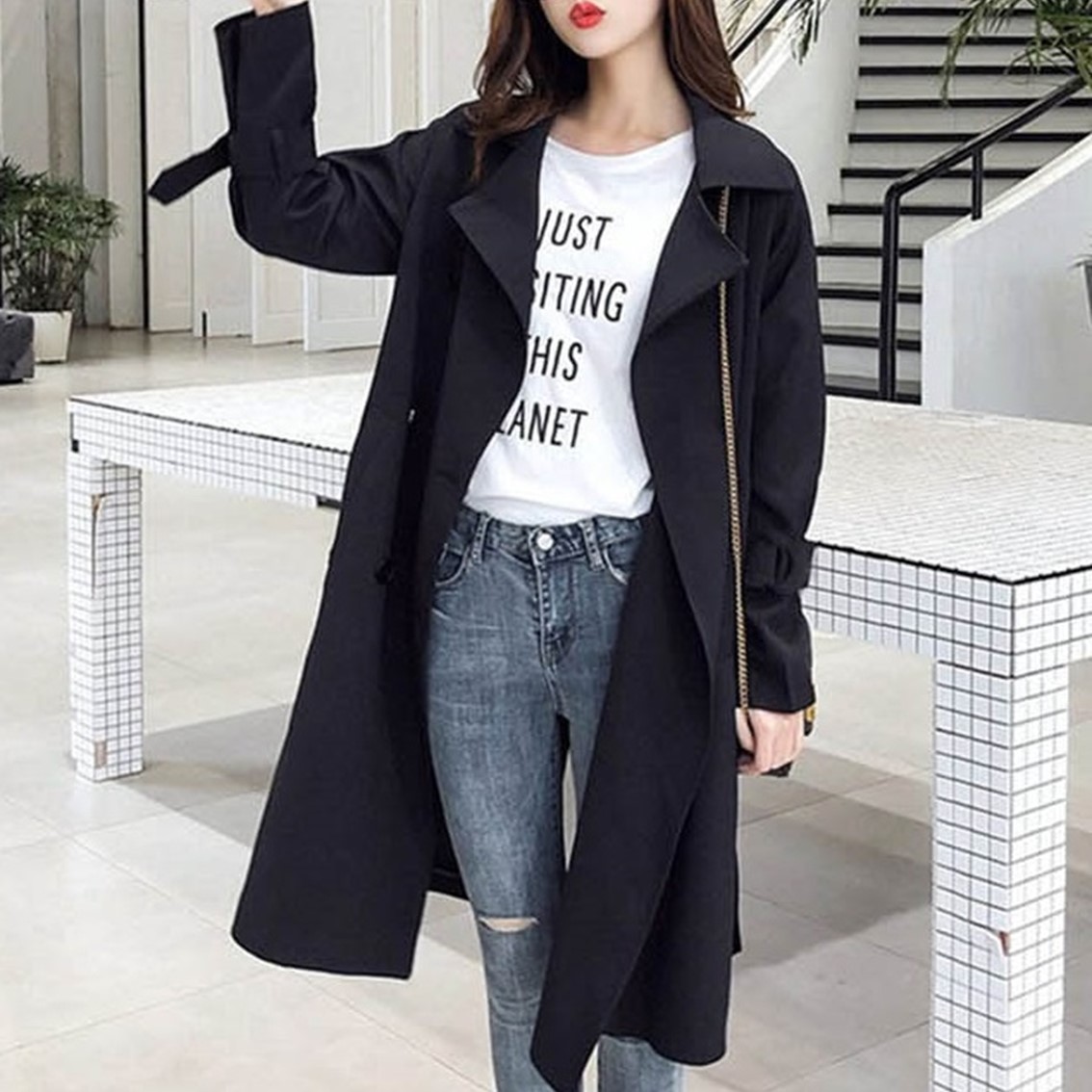 가을맞이 모던 베이직 케주얼 기본 시크한블랙 여성 트렌치코트 멋스러운 패션 자켓 여자