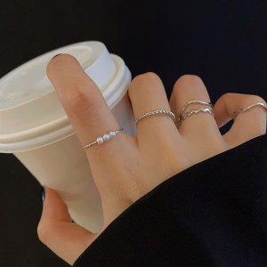 [SET] 5PCS 웨이브 진주 믹스 반지세트 [골드 실버] N127