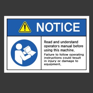 이 기계 점검 시 참조 사용 설명서 참조. 작동 지침을 준수하지 않을 경우 부상을 입거나 장비가 손상될 수 있습니다. 스티커 15x10cm