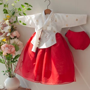 은빈 금박 아이보리 당의 빨강 날개치마 (백일-13호)고급 여아 한복