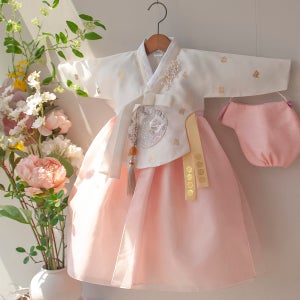 은빈 금박 아이보리 당의 살구 날개 치마 (백일-13호)고급 여아 주니어 돌 100일한복