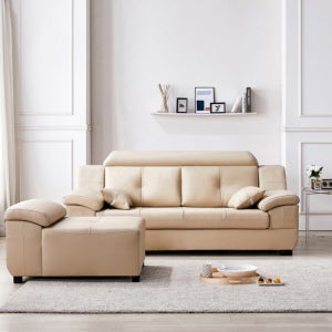 동서가구 제이홈스 라텍스탑 구스다운 신혼 천연 가죽 소파 팔걸이스툴포함, 베이지, 3인용