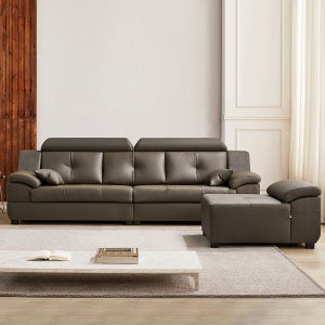 동서가구 제이홈스 라텍스탑 구스다운 신혼 천연 가죽 소파 팔걸이스툴포함, 카키그레이, 4인용