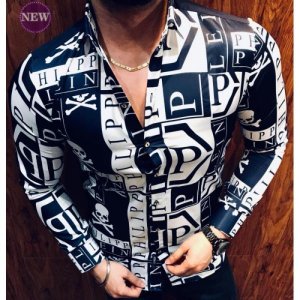 New Mens Long Sleeve Print Shirts for Mens Social Luxury Man Designer Clothes Hawaiian Fashionable E