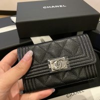 CHANEL 샤넬 보이 캐비어 똑딱이 카드지갑 빈티지 금장 은장